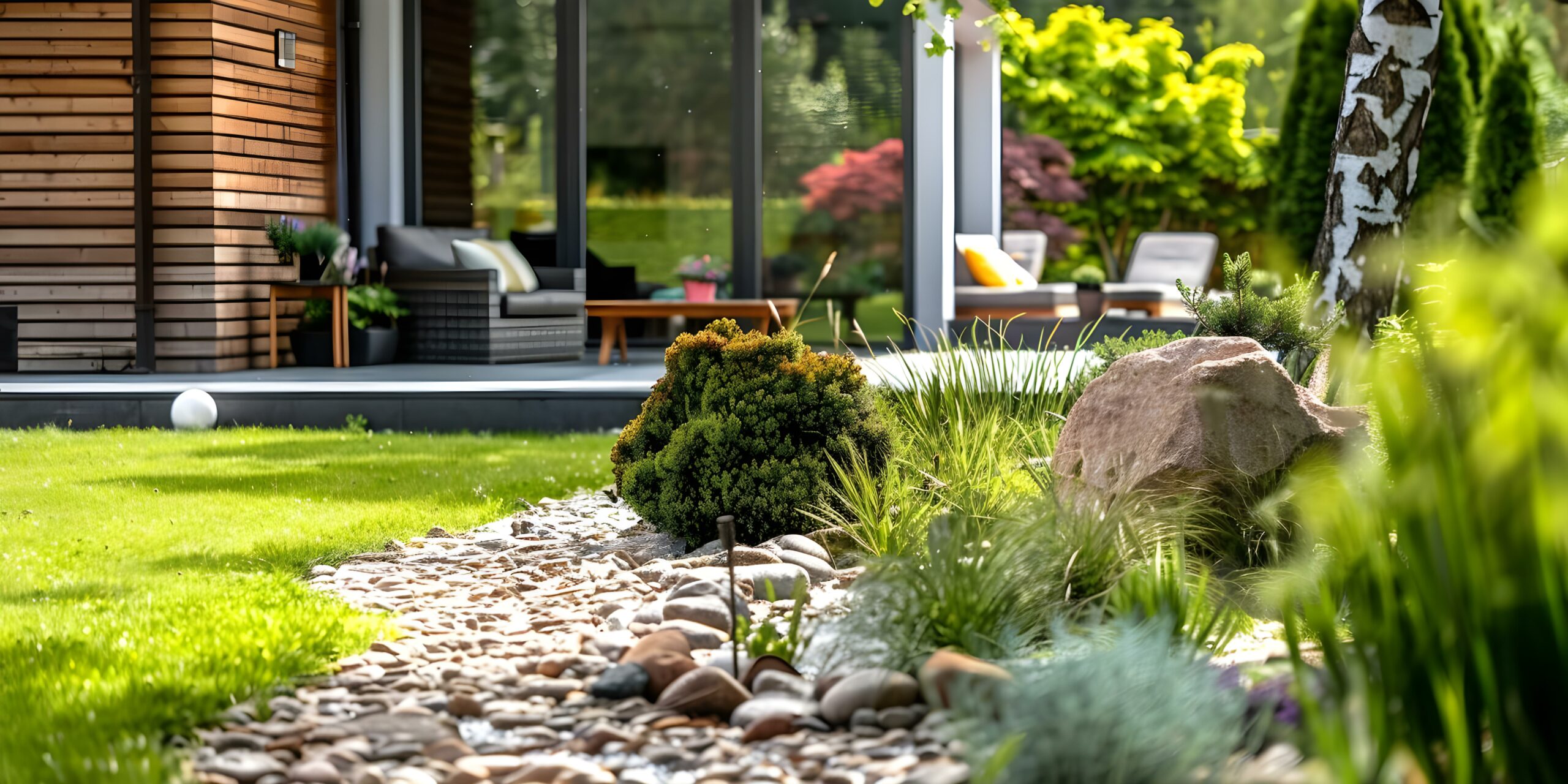 Steingarten, moderne Terrasse, sommerliches Licht.