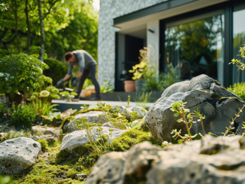 Felsen, Moos, Mann, moderner Garten.