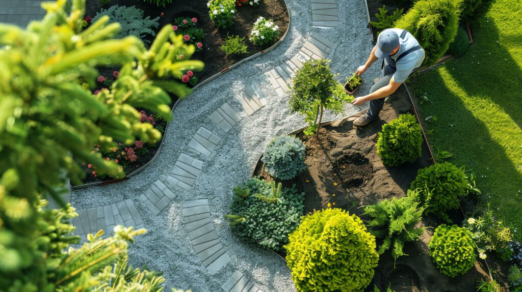 Gepflegter Gartenweg, Mann pflanzt.